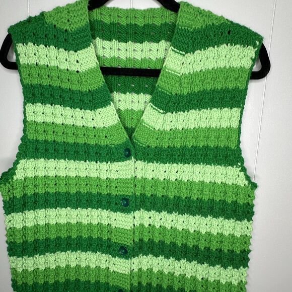 Homemade Sweater Vest Hand Knit M/L Green Chunky Knit Buttons V-Neckline Stripe - Picture 3 of 10